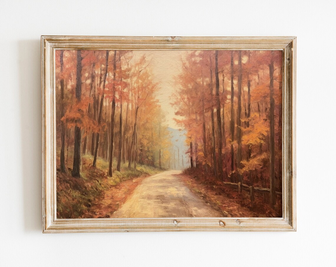 Old Country Road Autumn Forest Oil Painting Rustic Vintage Art Print