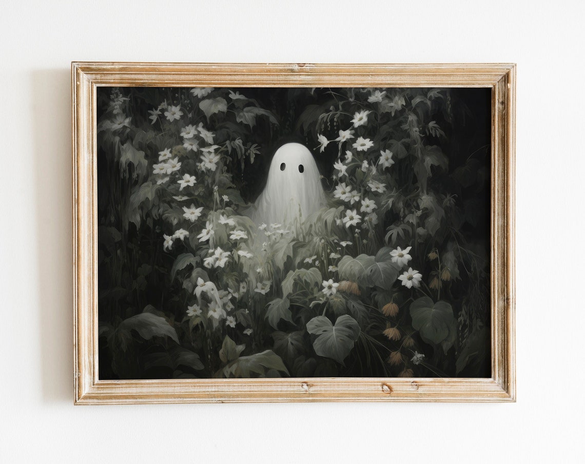Ghost Among White Night Flowers Dark Floral Halloween Poster