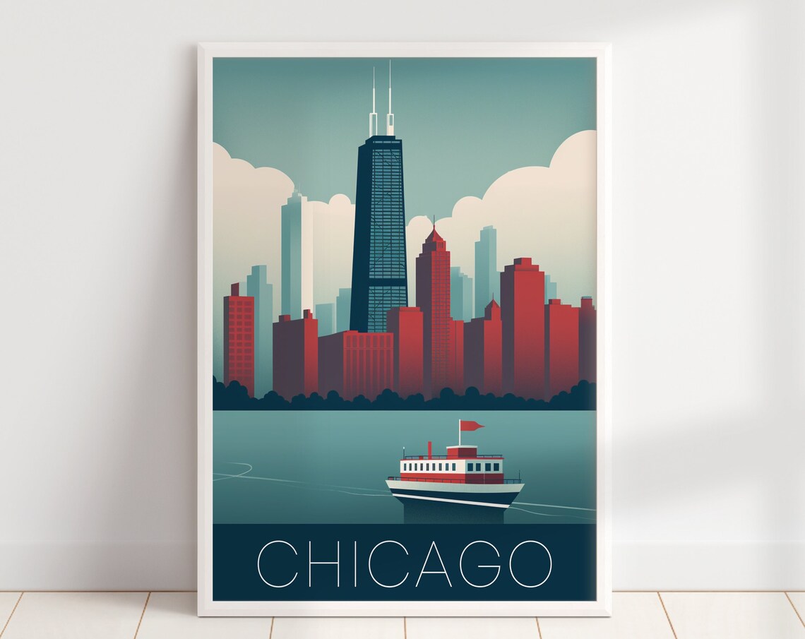 Chicago Illinois Retro Skyline Tower Lake Boat Travel Poster