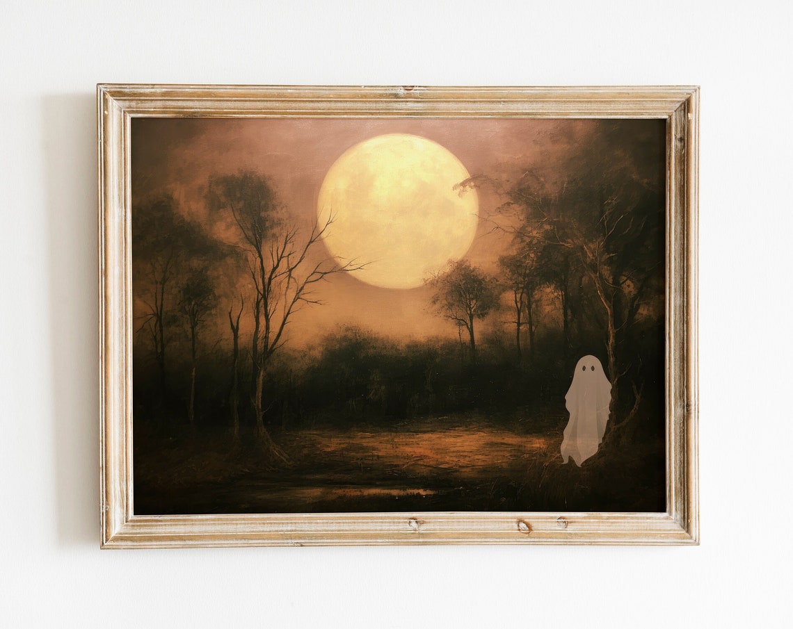 Spooky Full Moon Over Dark Forest with Tiny Ghost Halloween Poster