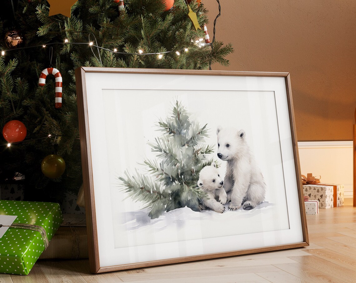 Cute Polar Bear Cubs Beside Pine Tree Watercolor Christmas Poster