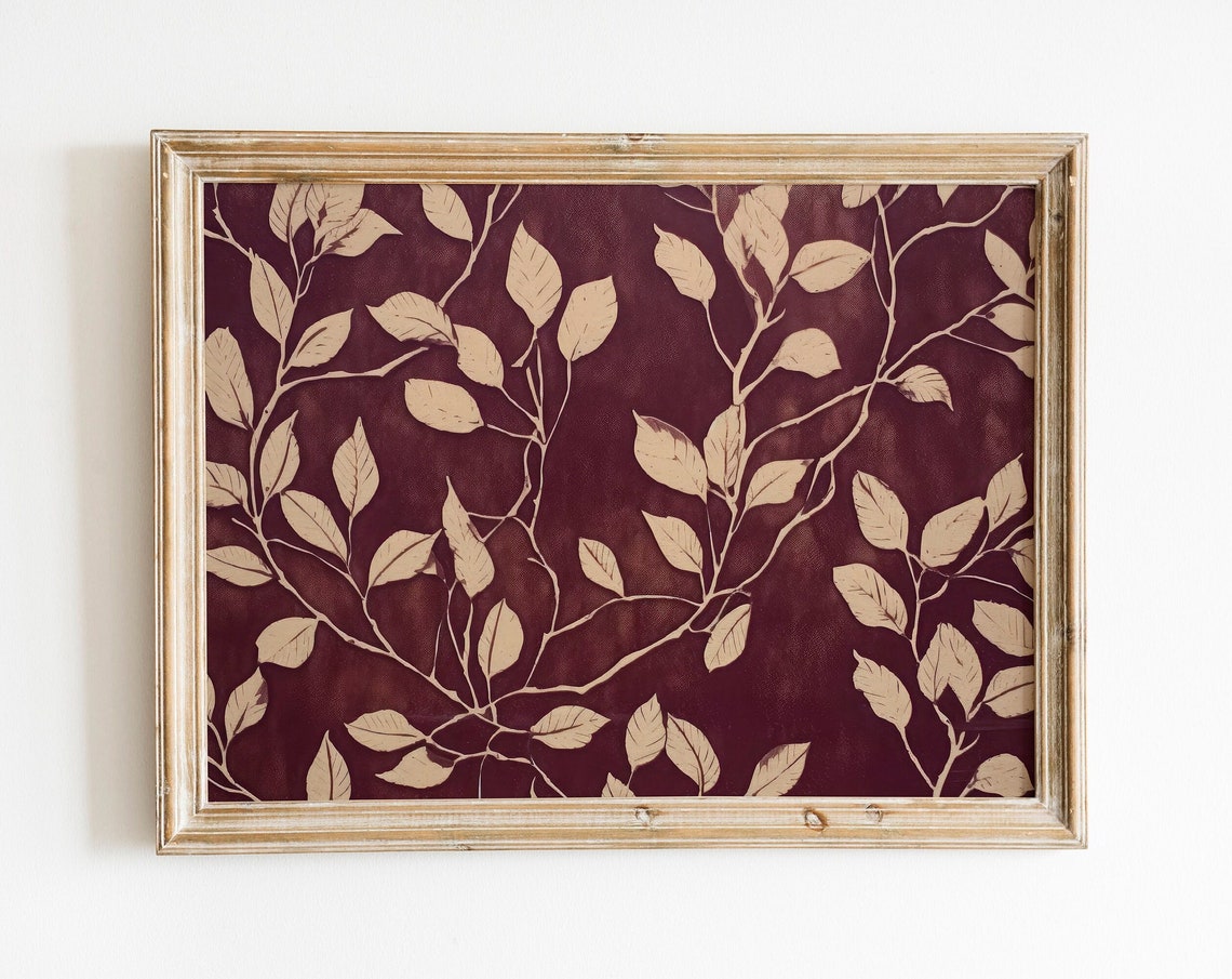 Burgundy Botanical Leaves Batik Style Moody Farmhouse Art Print