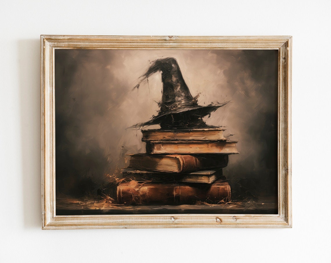 Rustic Witch Hat on Stack of Old Books Dark Halloween Poster