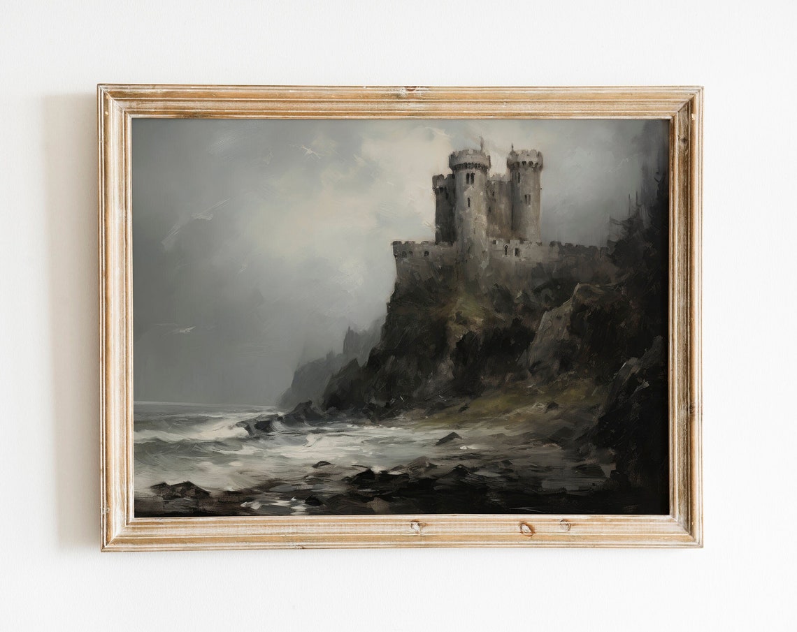 Haunted Castle on Stormy Cliff Moody Vintage Halloween Poster