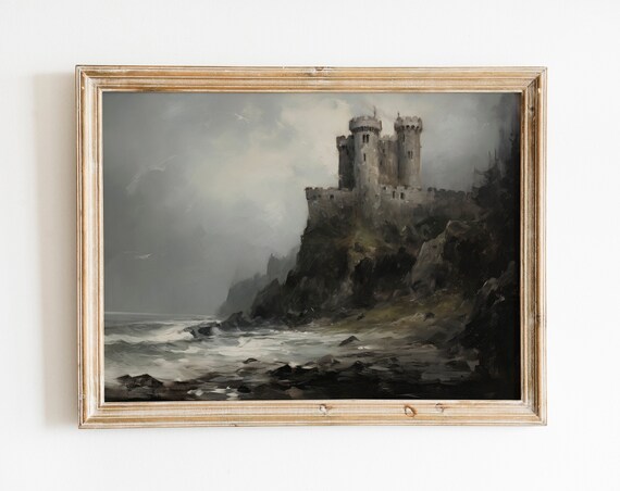 Haunted Castle on Stormy Cliff Moody Vintage Halloween Poster
