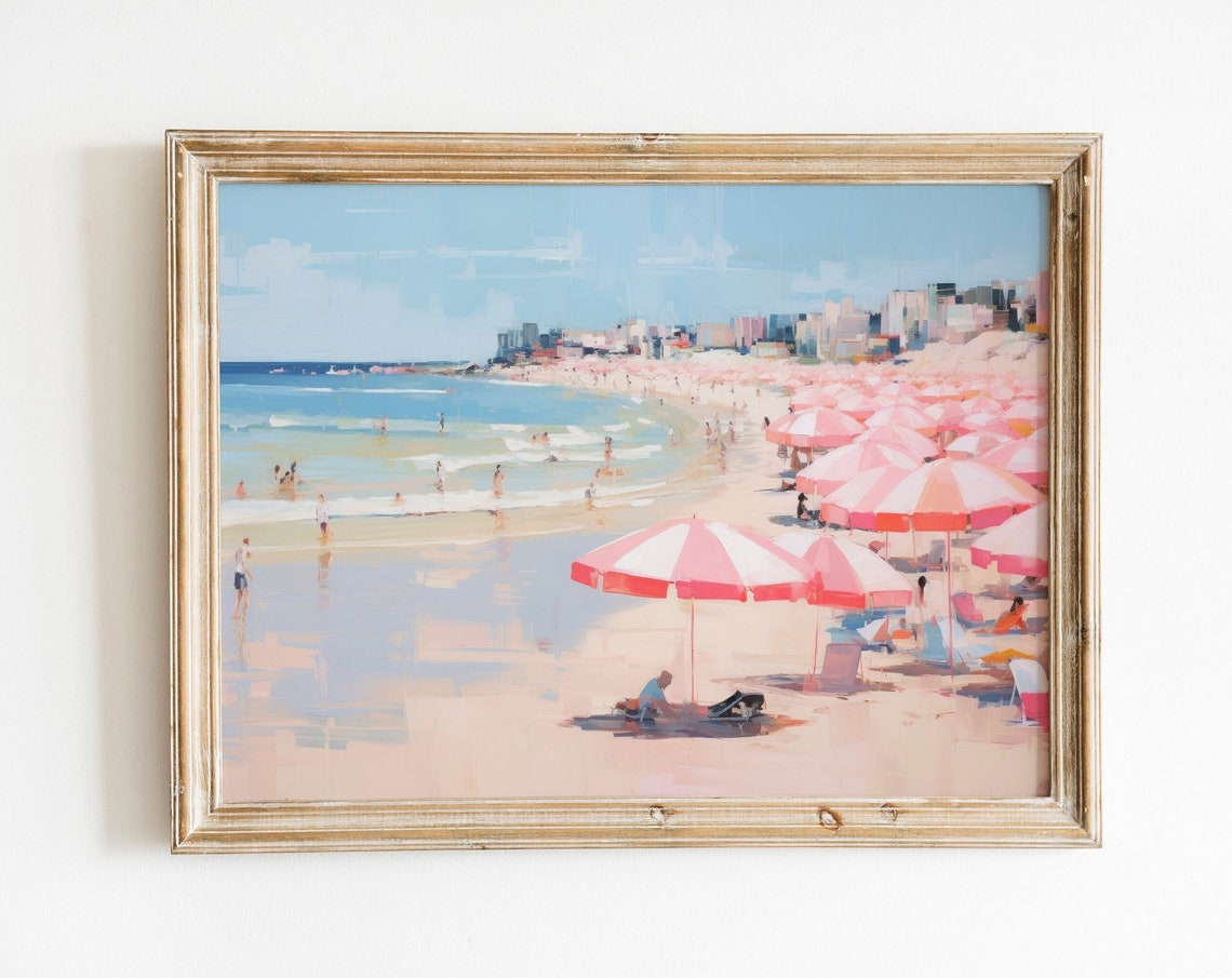 Pink Umbrellas Crowded Beach Pastel Seaside Coastal Summer Art Poster