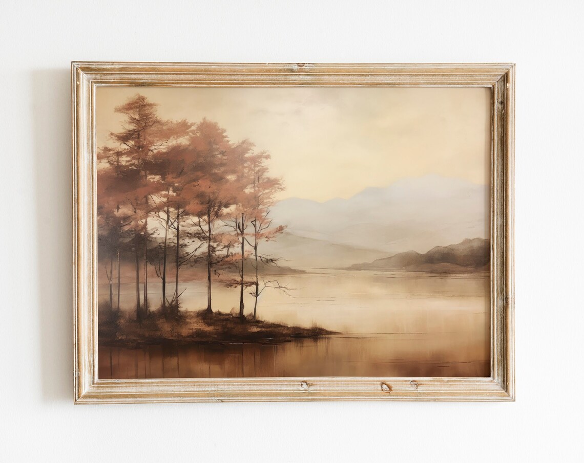 Muted Autumn Lake Landscape With Golden Trees Vintage Poster