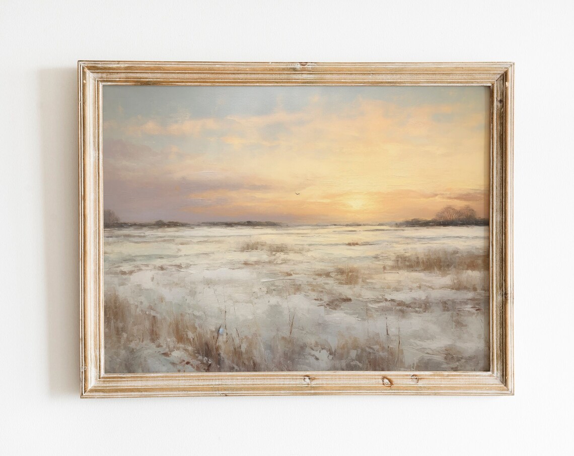 Snowy Sunset Golden Winter Field Vintage Landscape Oil Painting Poster