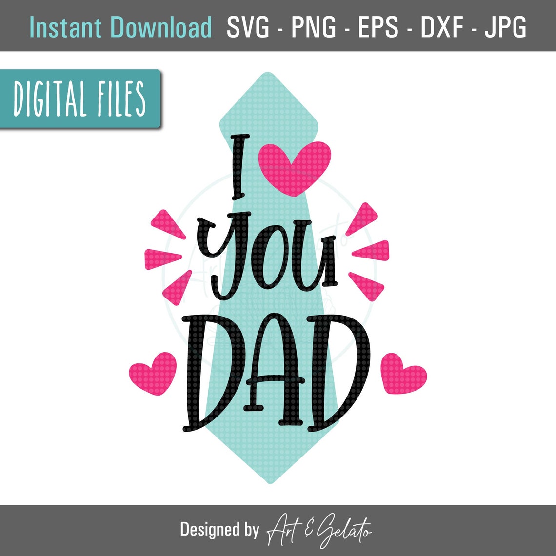 I Love You Dad Black Script Pink Heart Teal Necktie Gift Quote Poster