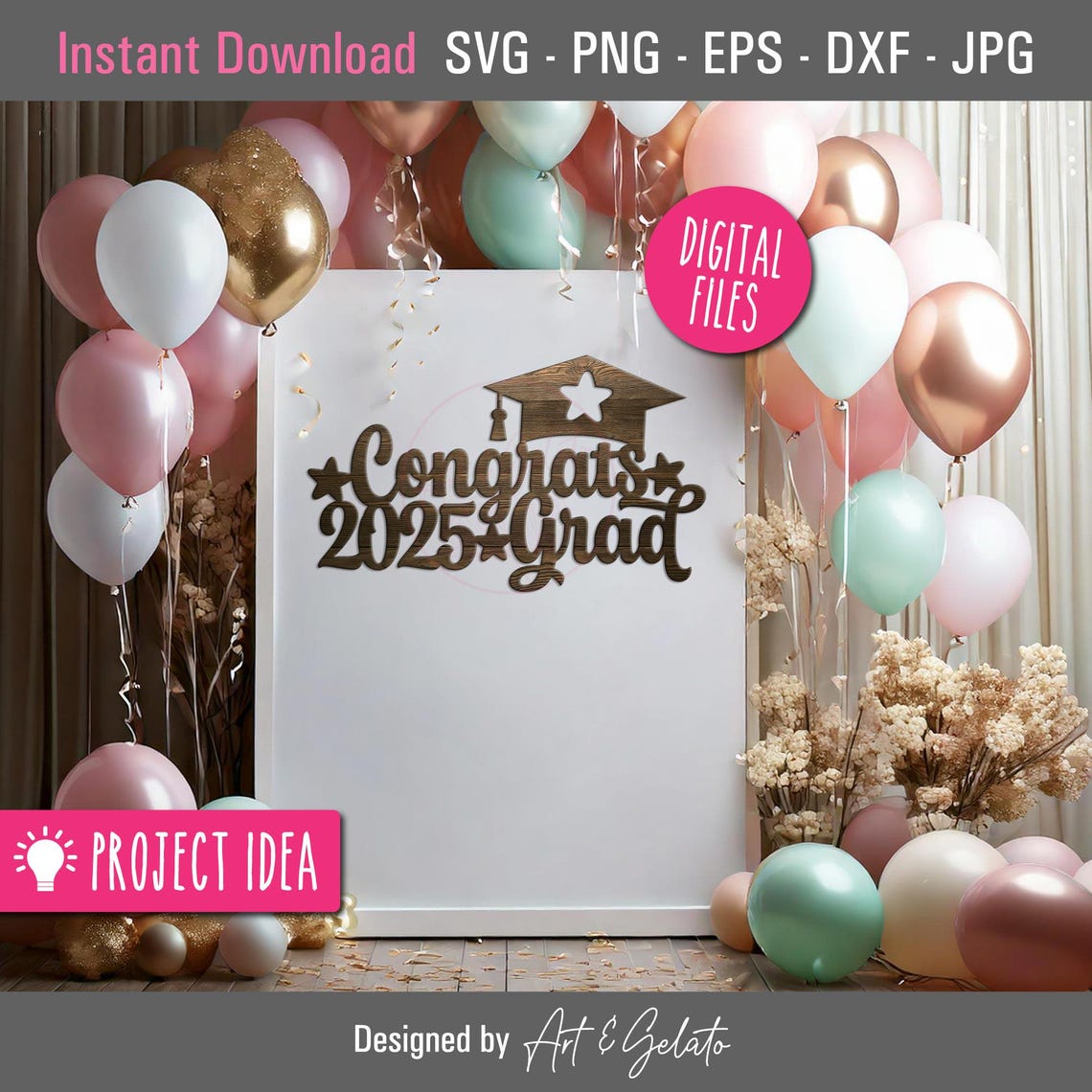 Congrats 2025 Grad Pink Glitter Grad Cap Cake Topper Design Poster - Image 2