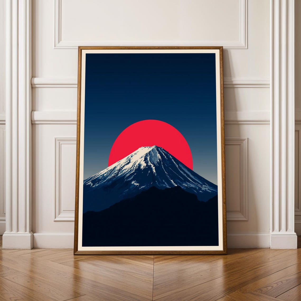 Mount Fuji Red Sun Deep Navy Japanese Minimalist Graphic Art Poster