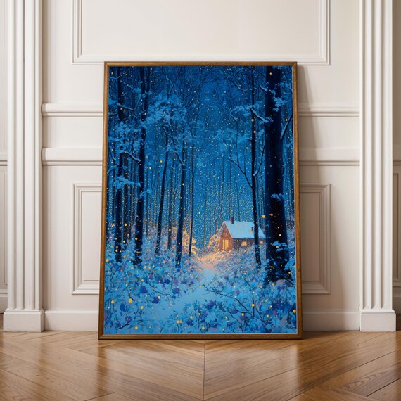 Snowy Cabin in Blue Winter Forest Golden Lights Christmas Art Poster