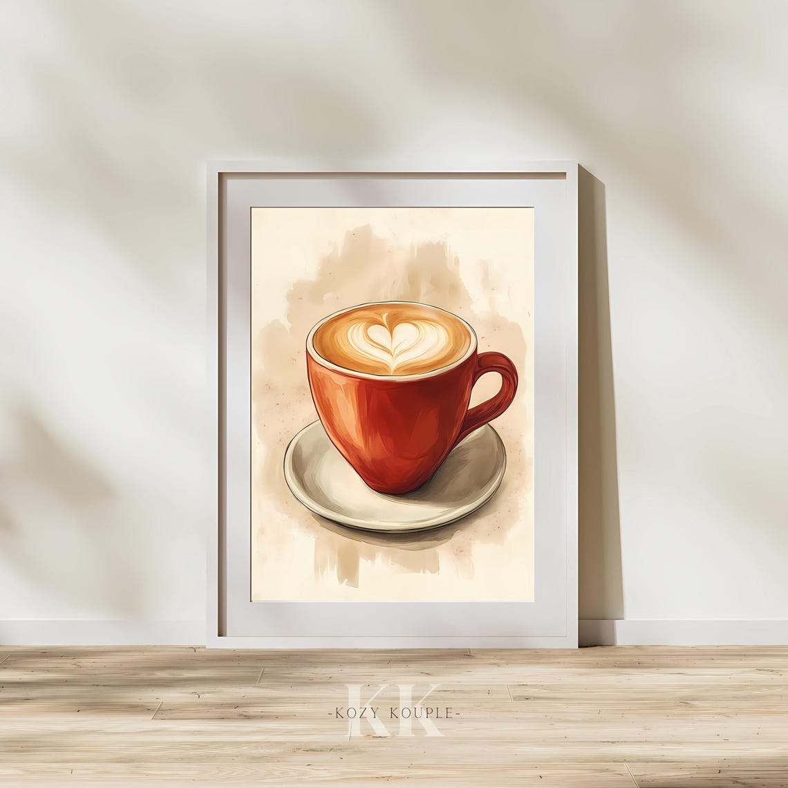 Red Coffee Mug Heart Latte Art Rustic Watercolor Coffee Poster - Image 2