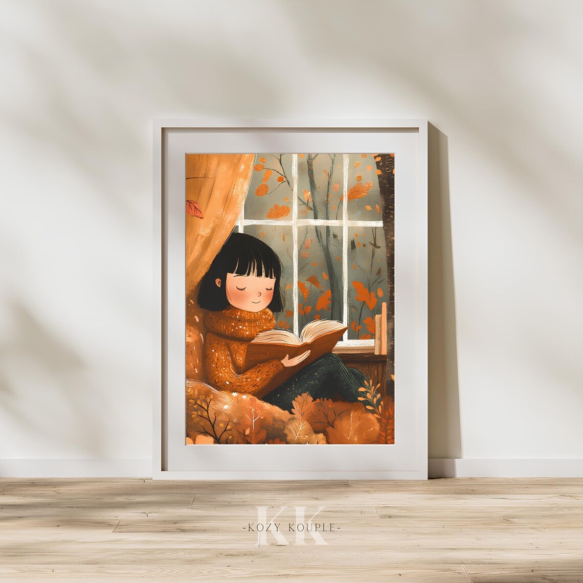 Little Girl Reading by Autumn Window Cozy Book Lover Wall Art - Image 2