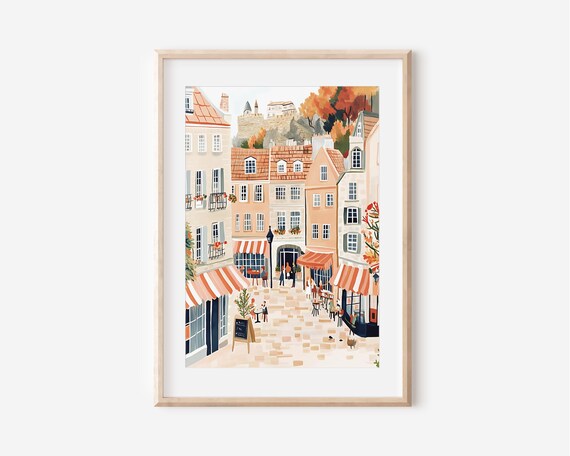 Cozy Autumn Old Town Street Cafes Castle Hill Warm Tones Poster