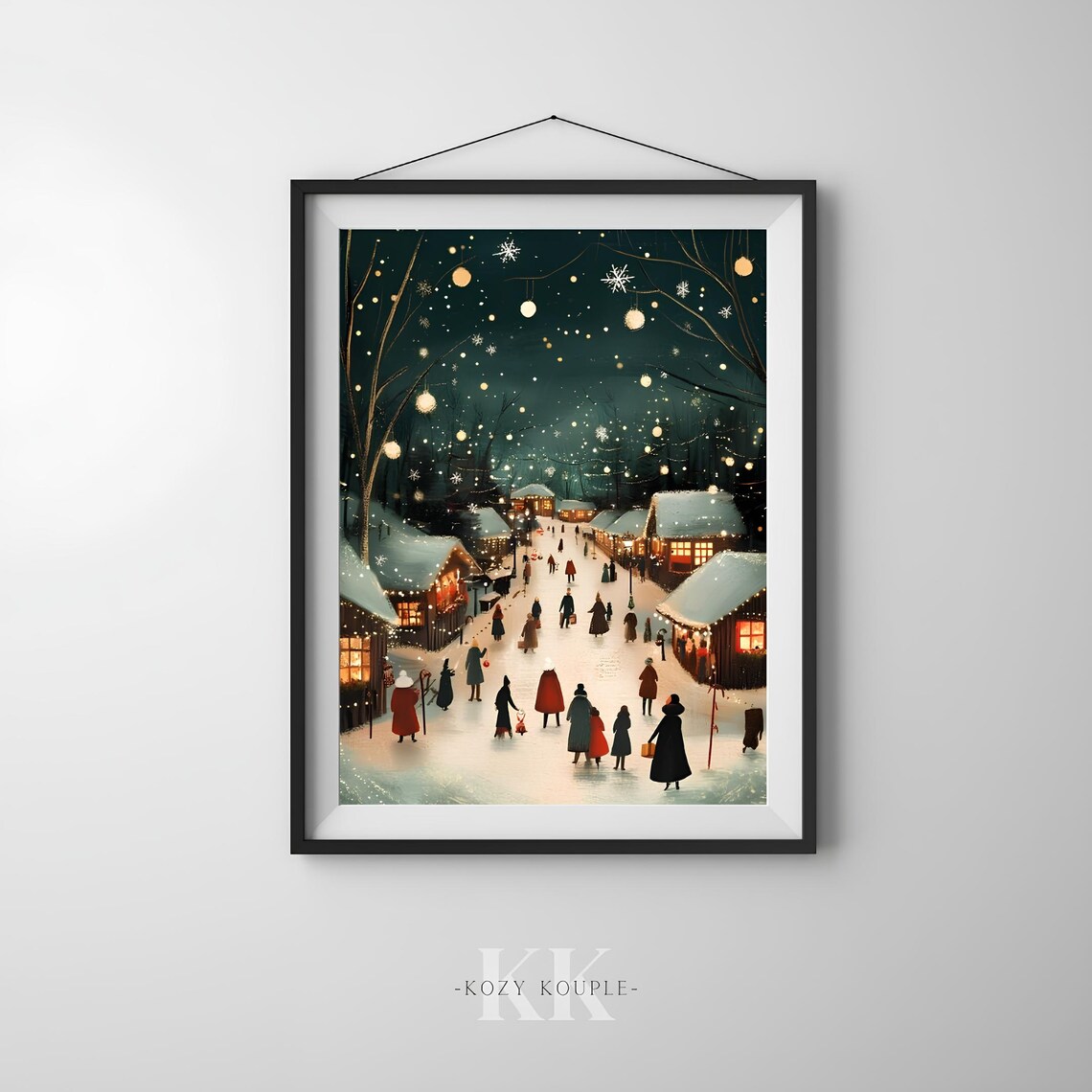 Vintage Christmas Market Night Snowy Street Lights Festive Wall Art - Image 2