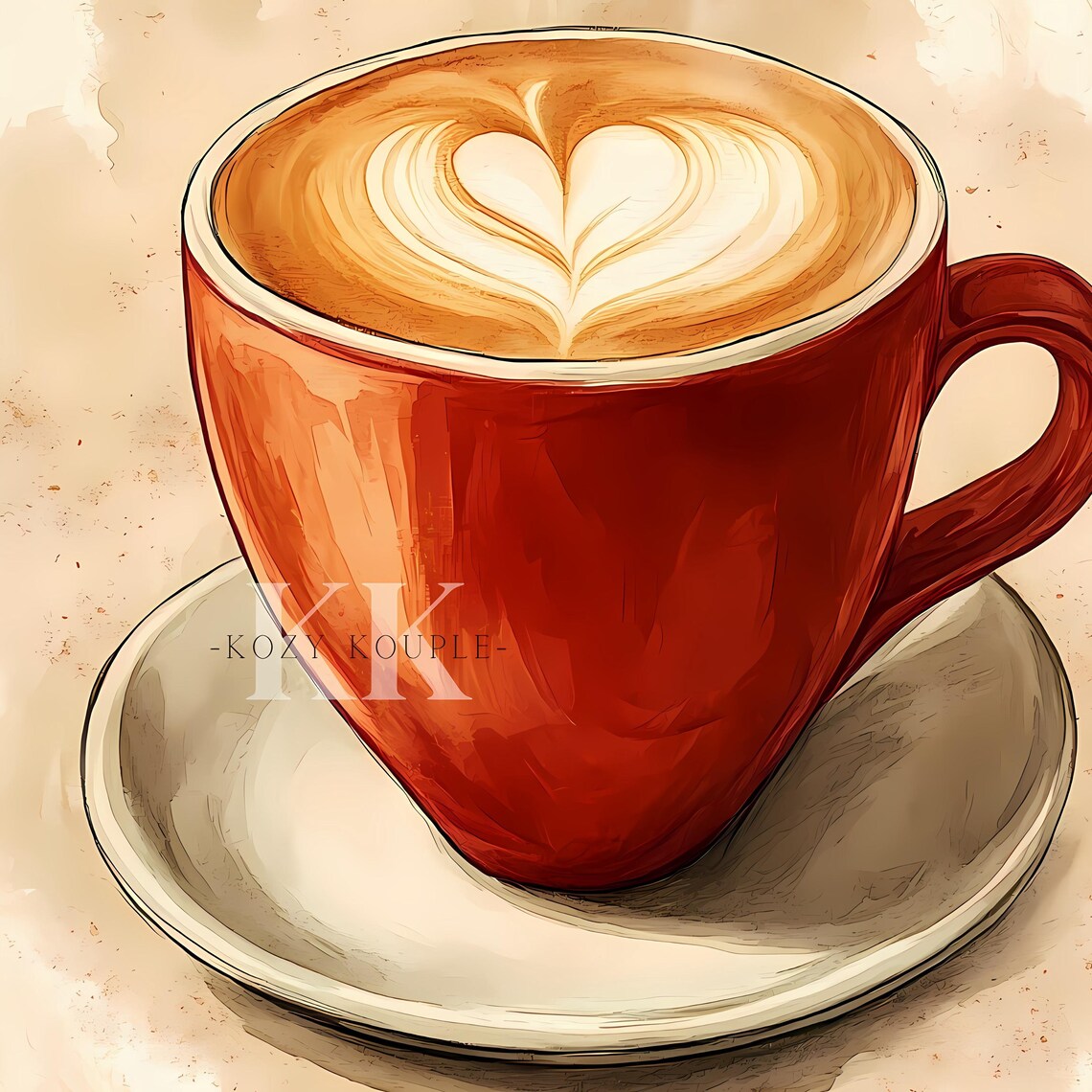 Red Coffee Mug Heart Latte Art Rustic Watercolor Coffee Poster - Image 4