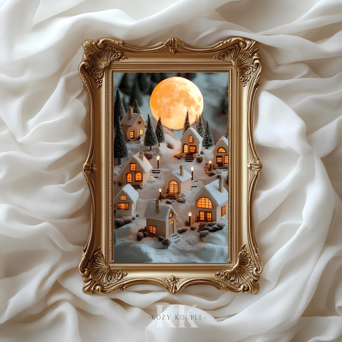 Giant Orange Moon Over Snowy Village Houses Winter Night Poster