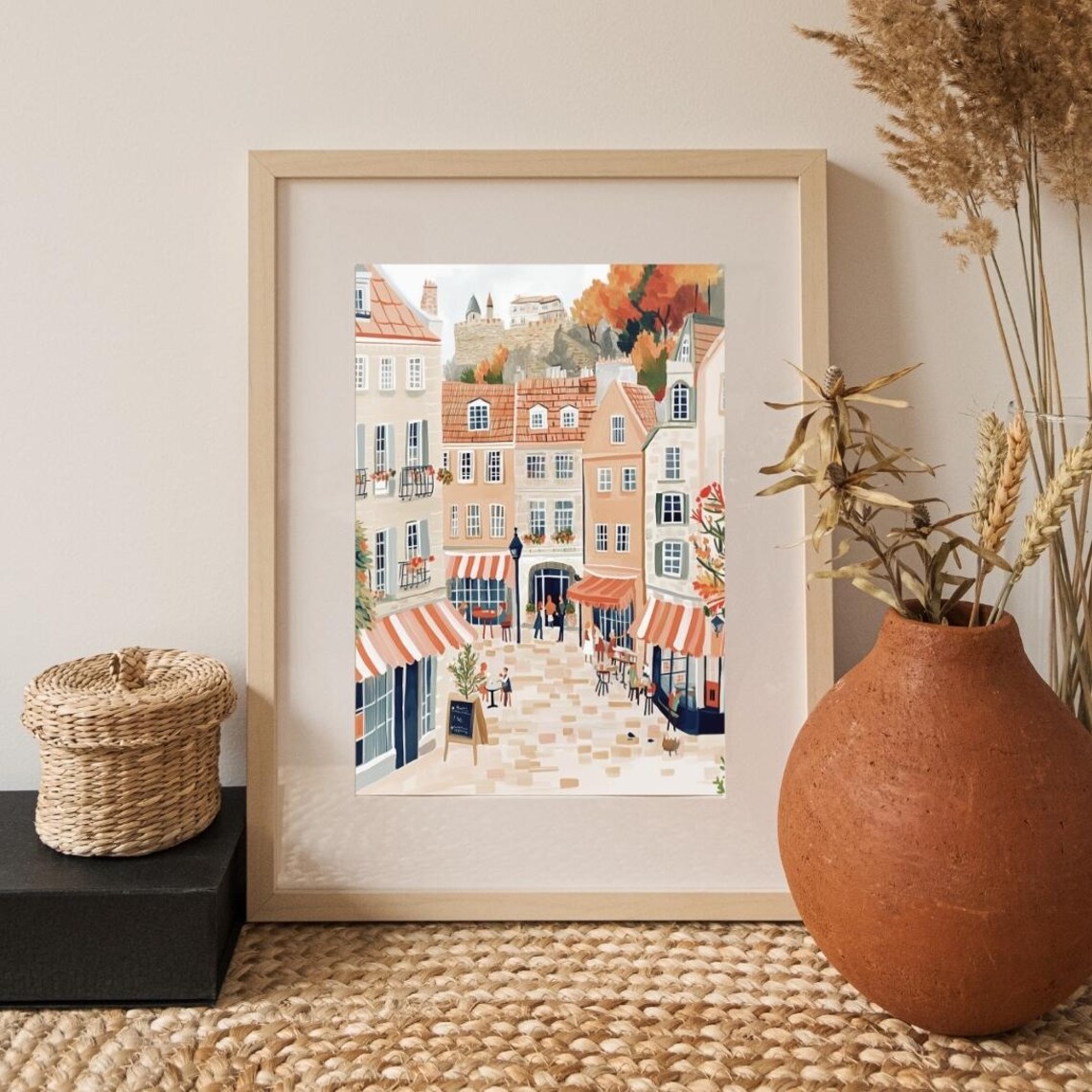Cozy Autumn Old Town Street Cafes Castle Hill Warm Tones Poster - Image 3