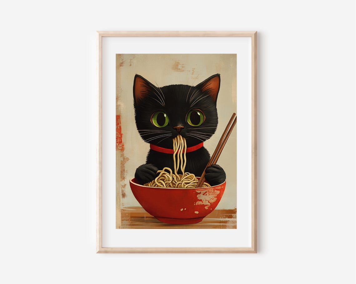 Funny Black Cat Eating Ramen Cute Japanese Kitten Noodle Poster