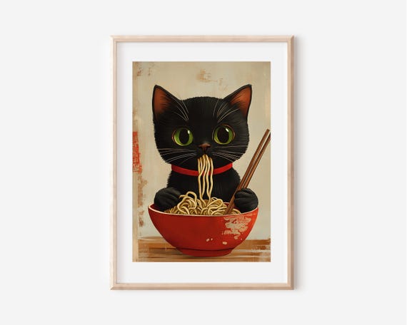 Cat Eating Ramen Black Cat Noodle Poster Japanese Inspired Wall Art Cute Kitchen Decor Unique Cat Lover Gift