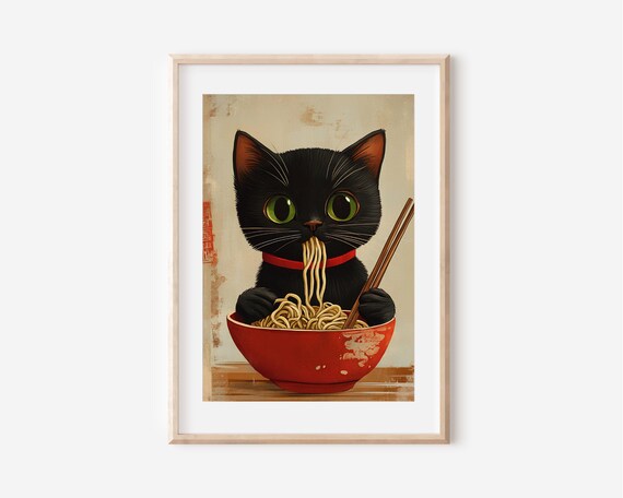 Funny Black Cat Eating Ramen Cute Japanese Kitten Noodle Poster