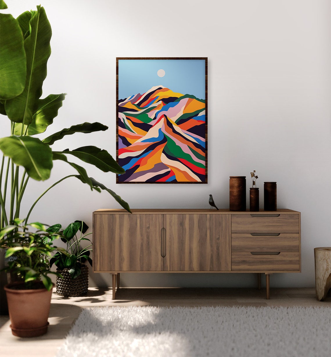 Colorful Ribbon Striped Mountain Peak Blue Sky Moon Decor Poster - Image 2