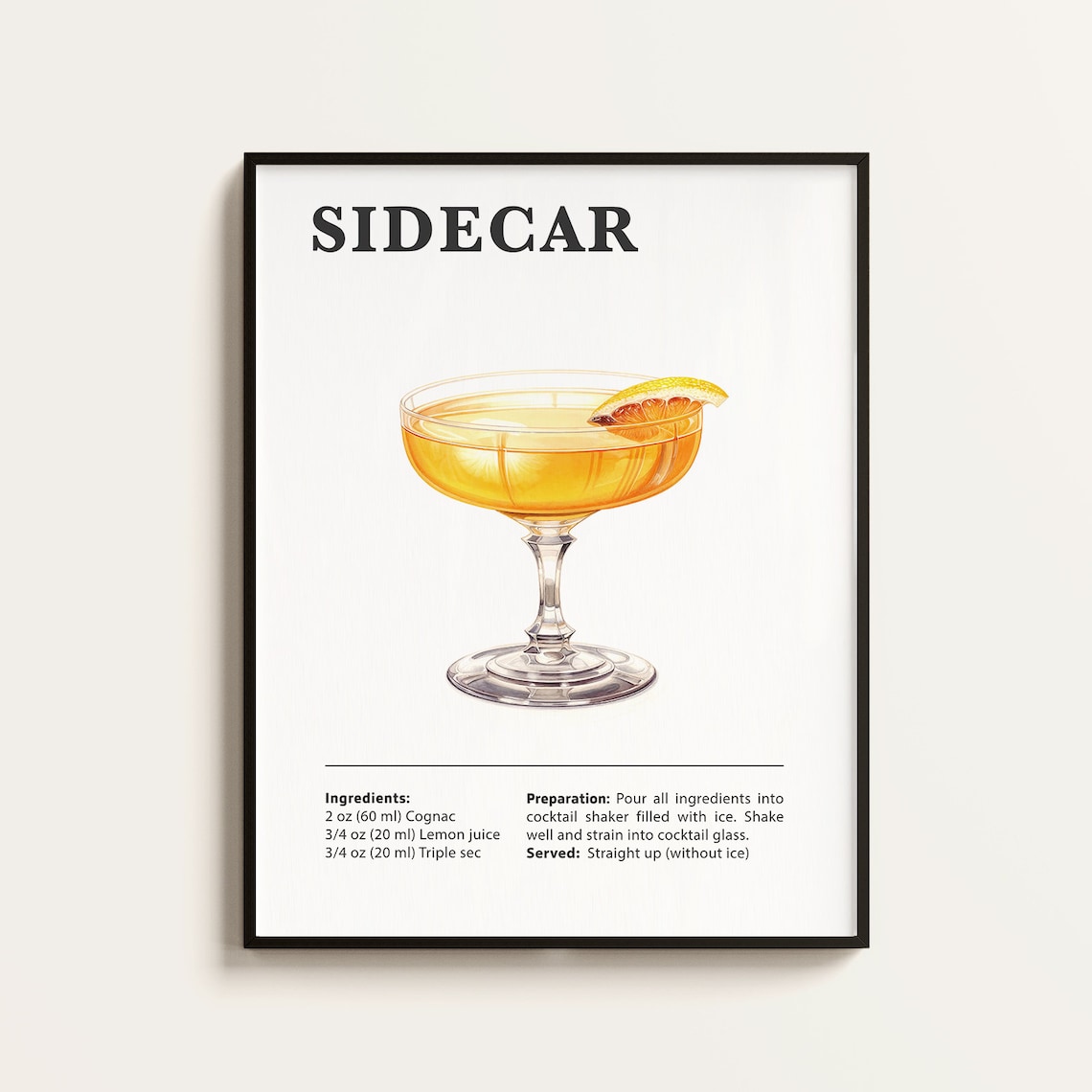 Sidecar Cocktail Recipe Poster Print, Bar Kitchen