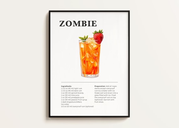 Zombie Tiki Cocktail Recipe Poster with Strawberry and Mint Garnish