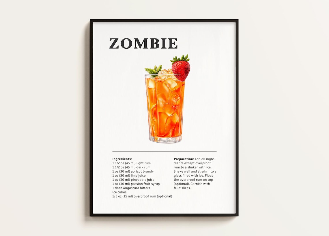 Zombie Tiki Cocktail Recipe Poster with Strawberry and Mint Garnish