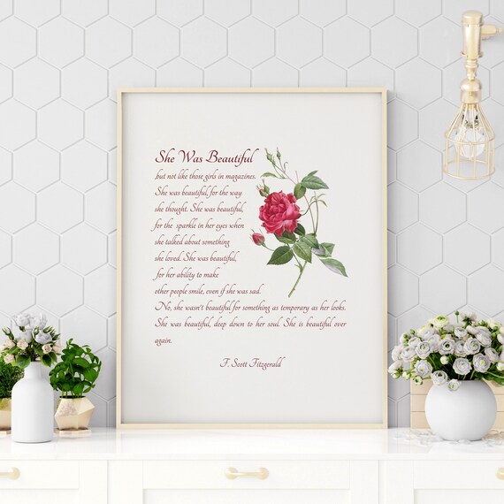 F Scott Fitzgerald She Was Beautiful Rose Botanical Literary Poster