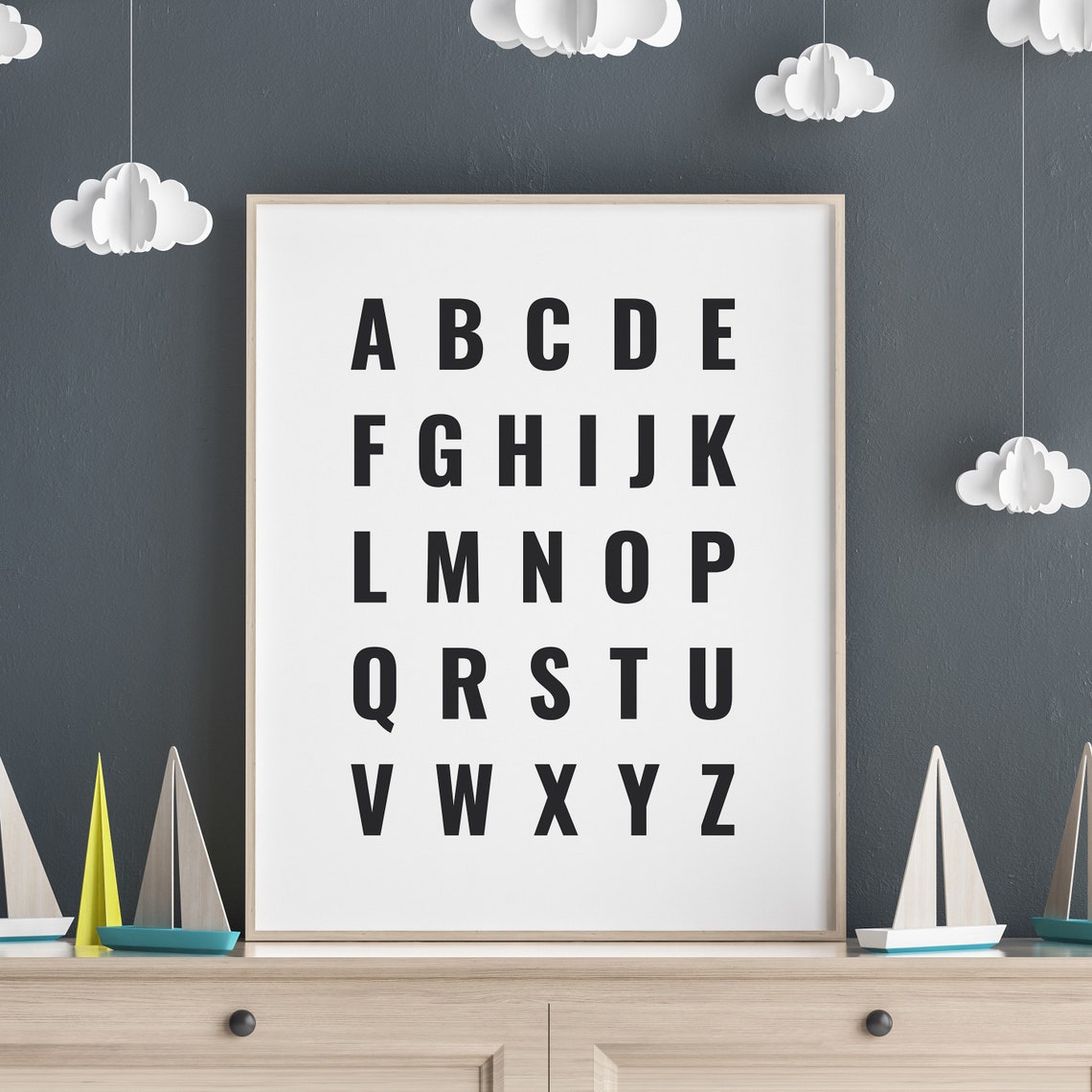 ABC Alphabet Bold Condensed Letters White Nursery Kids Poster