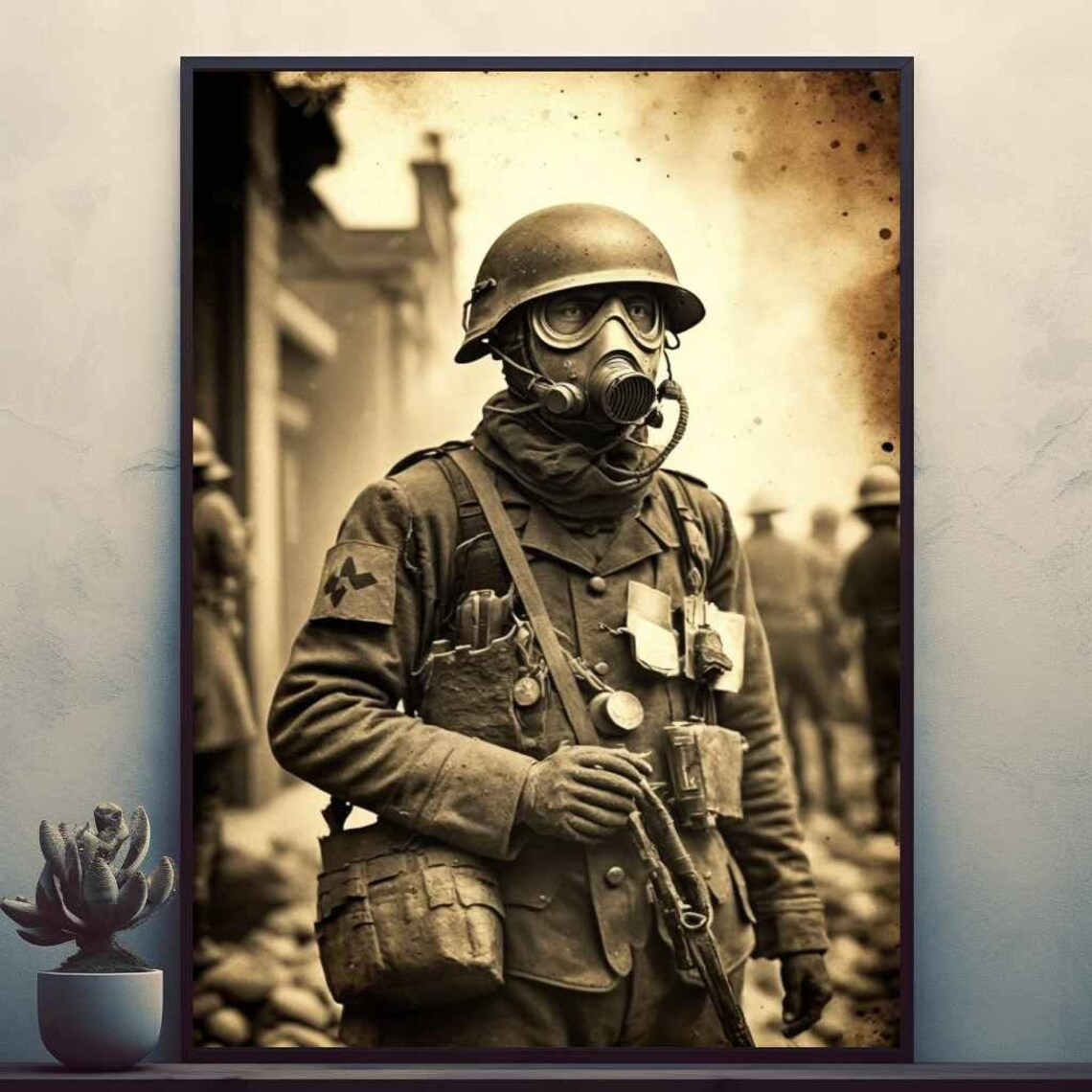 WWI Soldier with Gas Mask Sepia Vintage Battlefield Portrait Poster