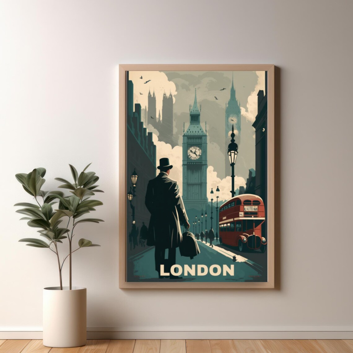 London Big Ben Red Double Decker Bus Vintage Travel Poster Retro