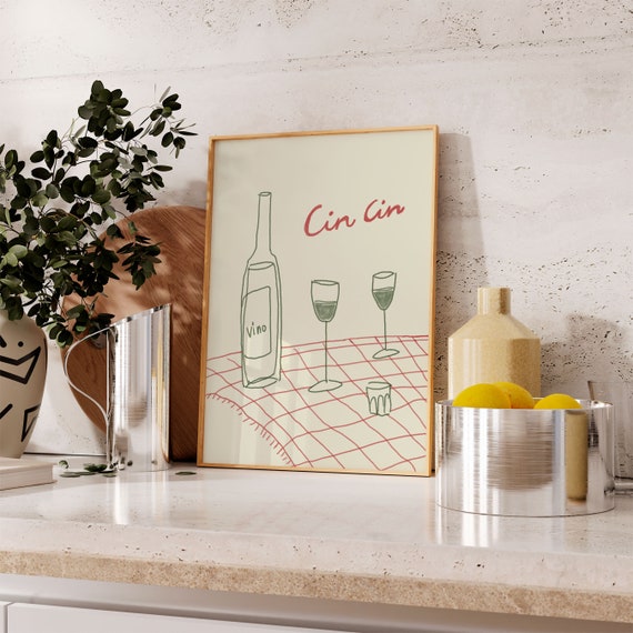 Wine Print Kitchen Poster, Cin Cin Kitchen Decor