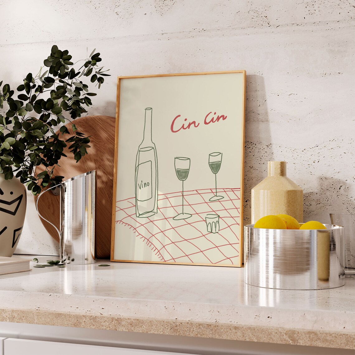 Wine Print Kitchen Poster, Cin Cin Kitchen Decor