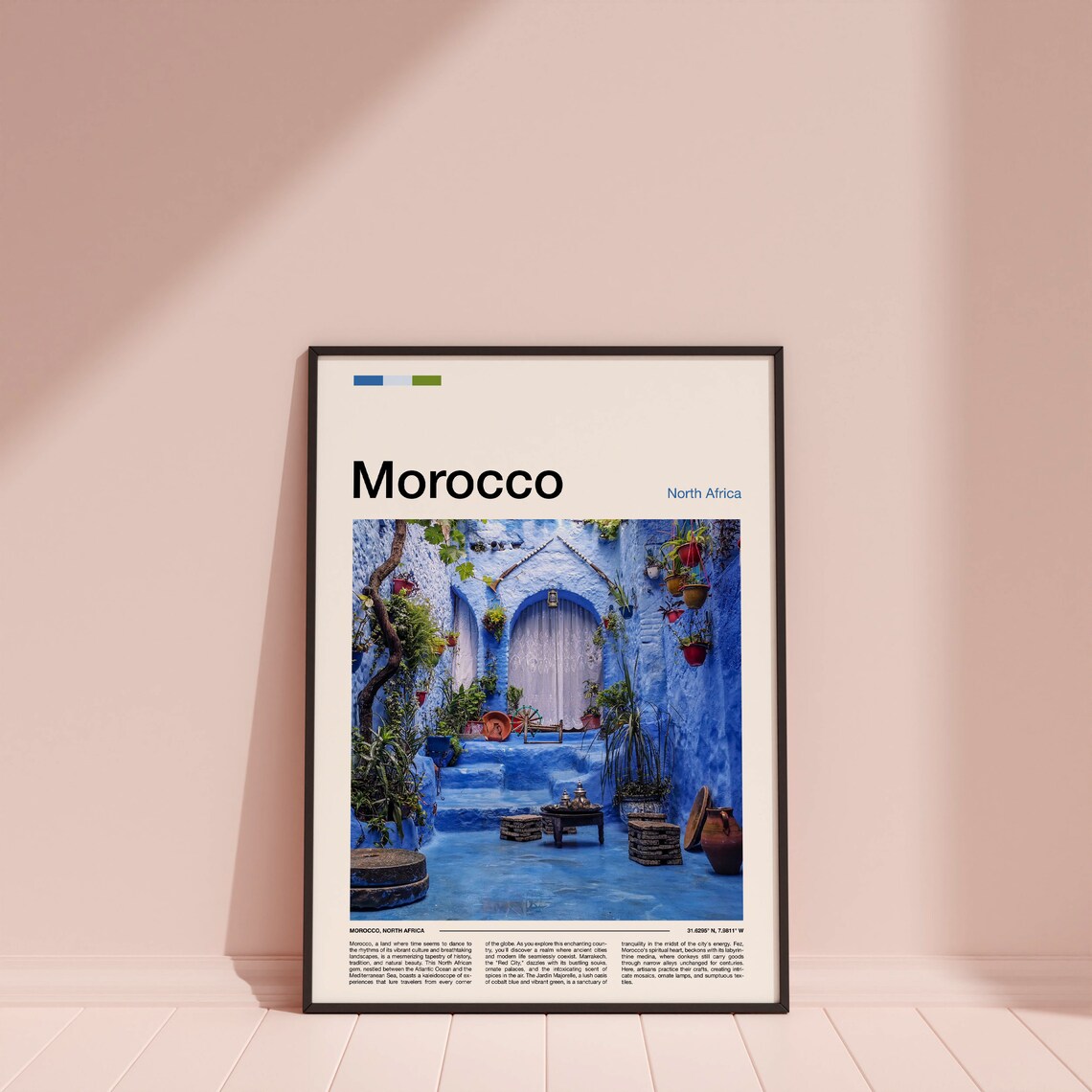 Morocco Blue Painted Alleyway Courtyard Potted Plants Travel Poster - Image 3