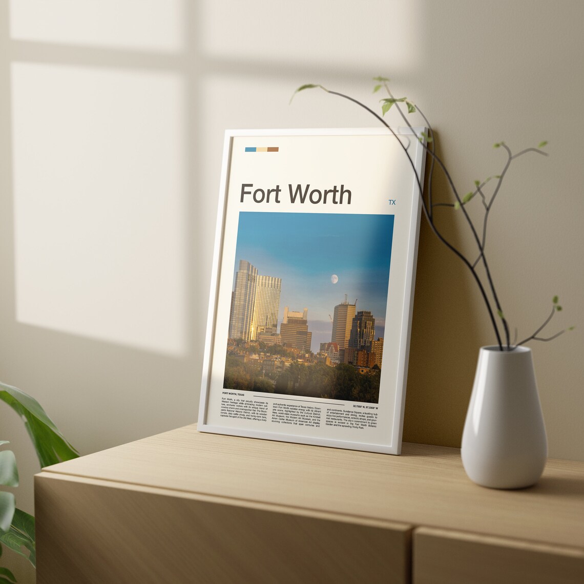 Fort Worth Texas Downtown City Skyline Dusk Moonrise Travel Poster - Image 2