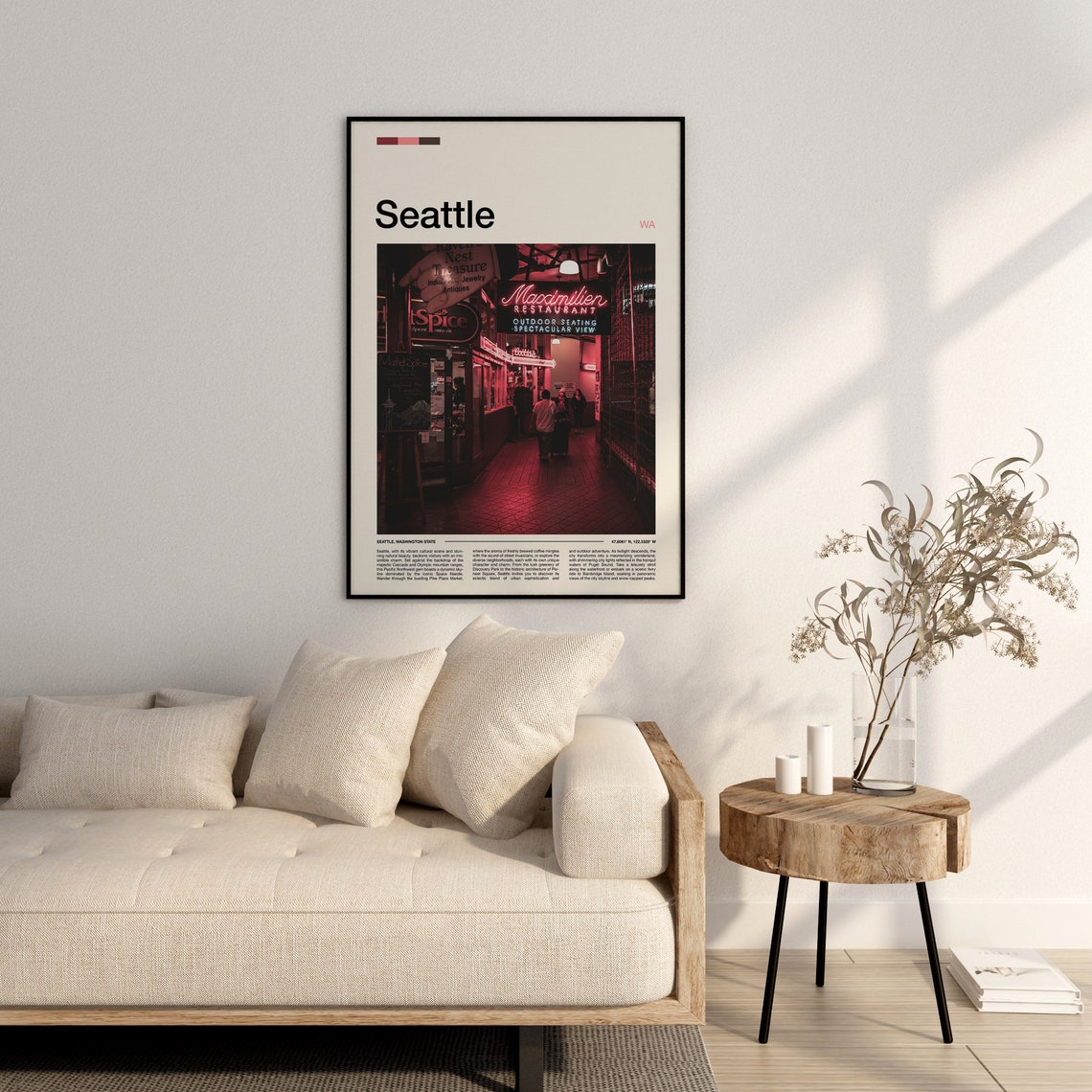 Seattle Pike Place Market Neon Night Street Scene Art Poster - Image 3
