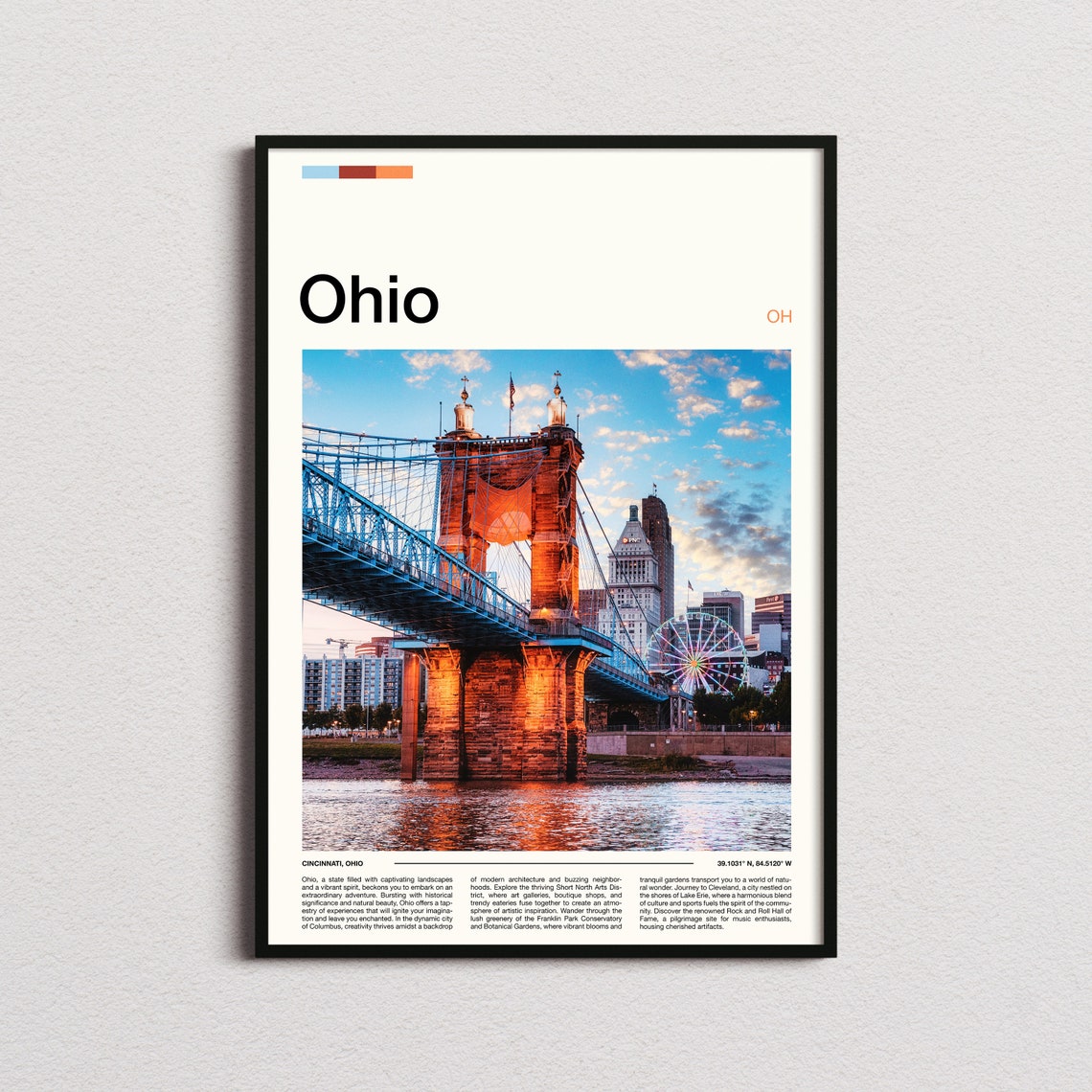 Ohio Cincinnati Roebling Bridge Sunset Skyline River Art Poster