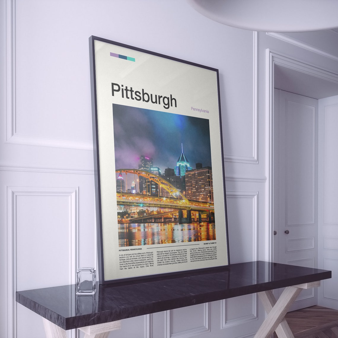 Pittsburgh Pennsylvania Night Skyline Illuminated Bridge Poster - Image 2