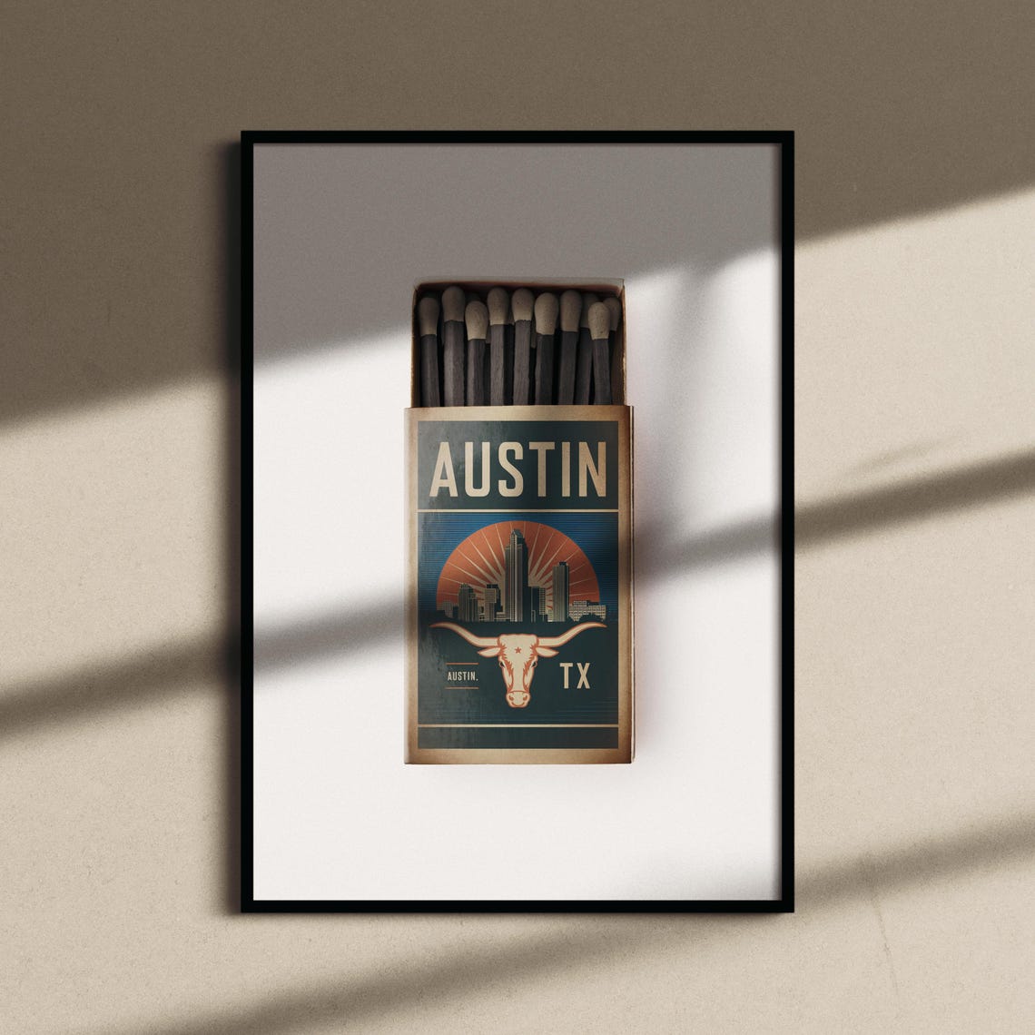 Austin Texas Longhorn Matchbox Label Skyline Sunset Art Poster - Image 2