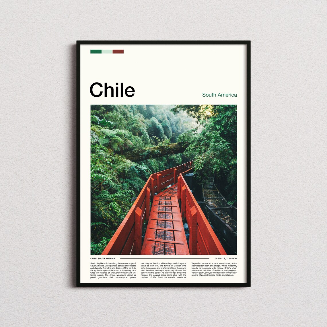 Chile Rainforest Red Wooden Bridge Lush Jungle Trail Travel Poster