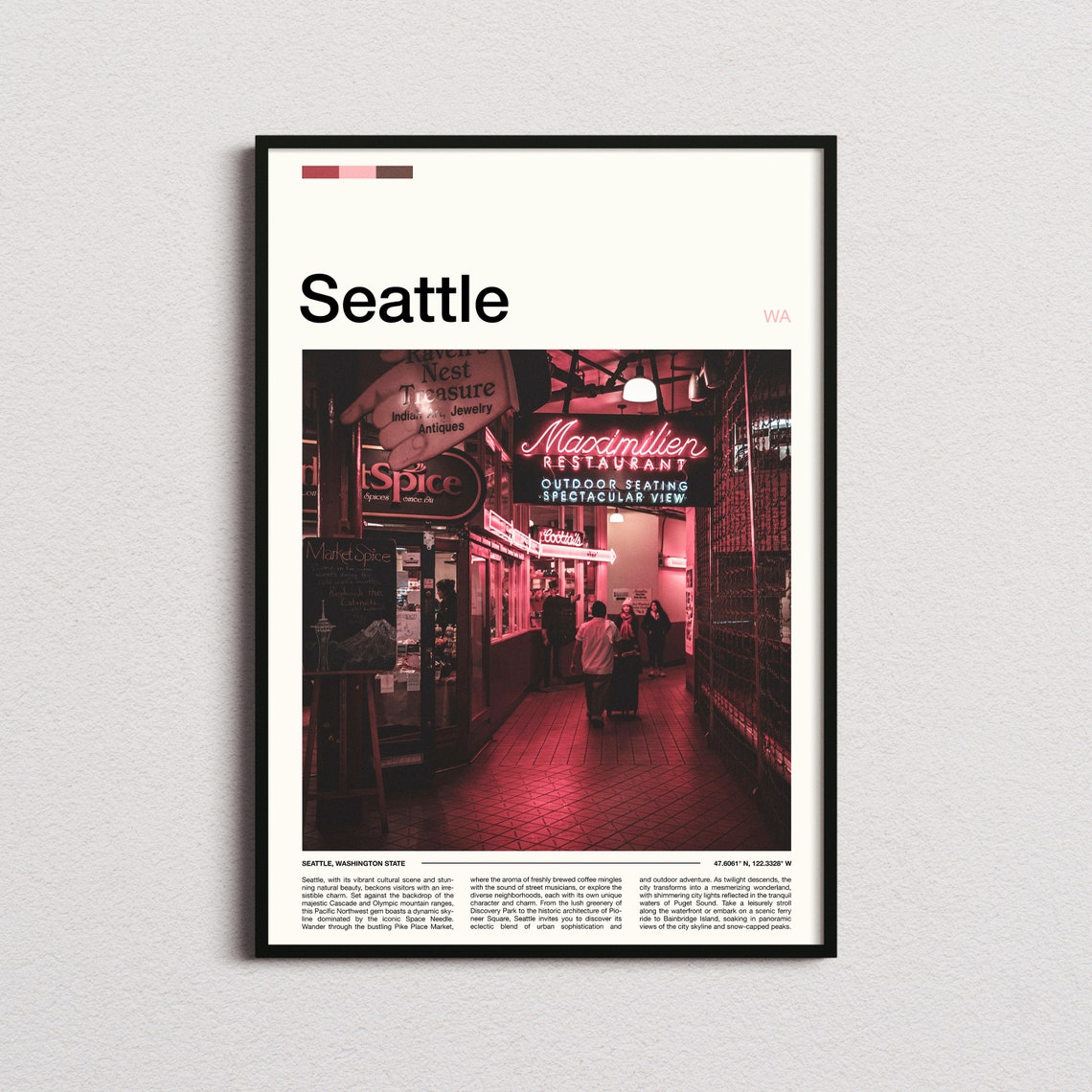 Seattle Pike Place Market Neon Night Street Scene Art Poster