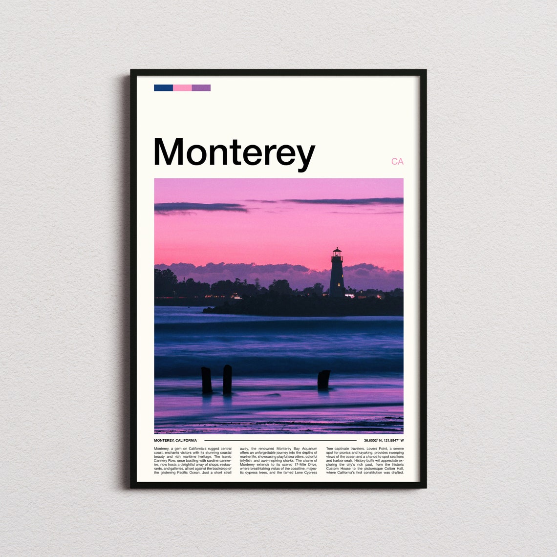 Monterey California Lighthouse Purple Sunset Harbor View Travel Poster