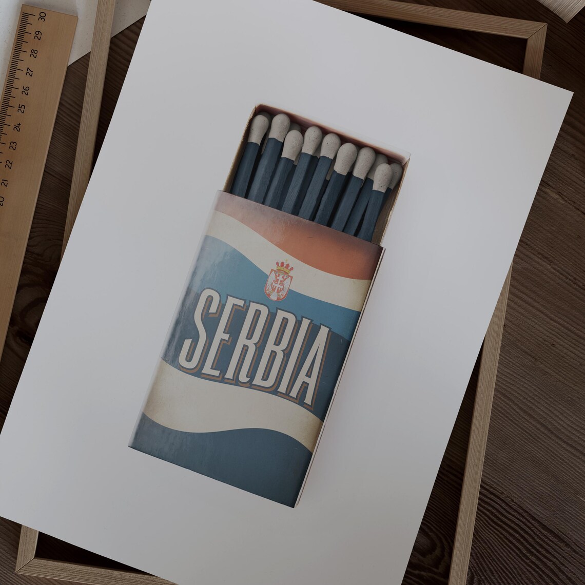 Serbia Vintage Matchbox Flag Art Coat of Arms Style Travel Poster - Image 2