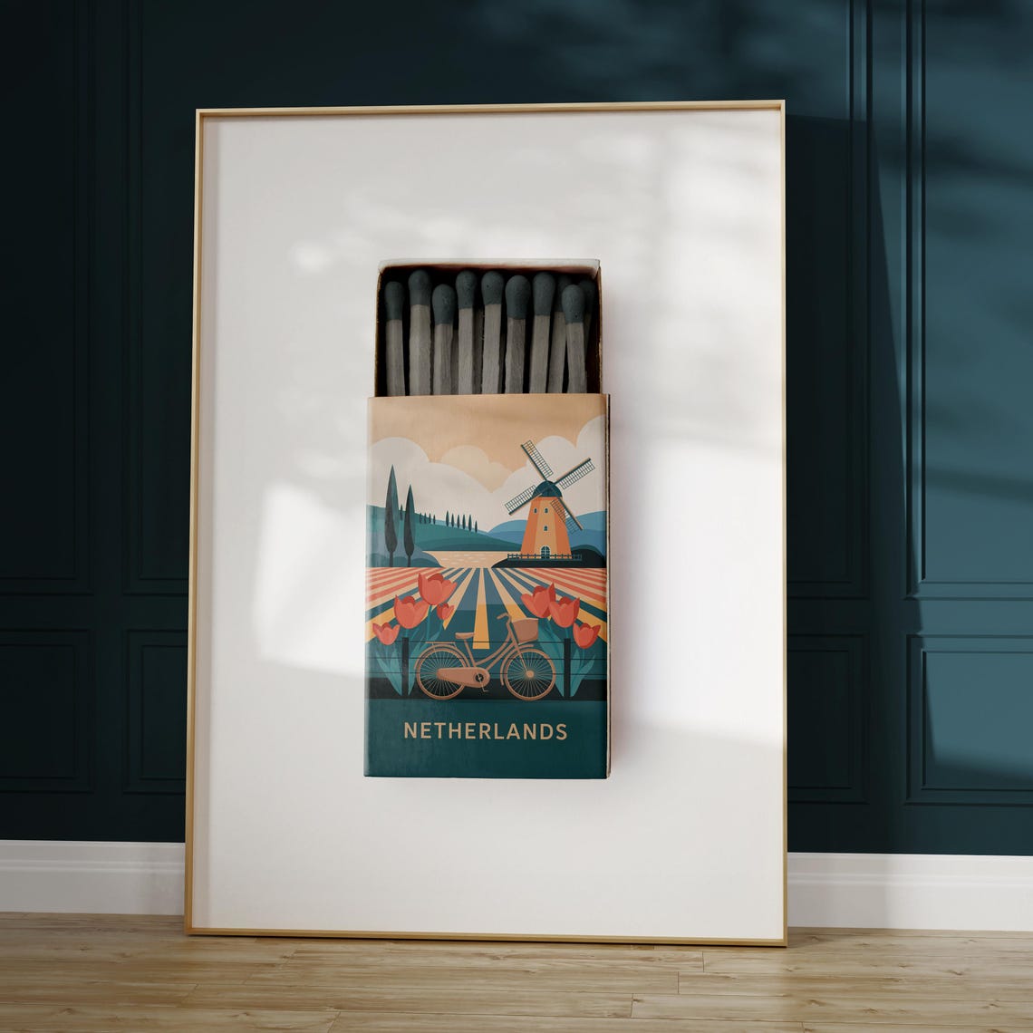 Netherlands Matchbox Windmill Tulips Bicycle Vintage Art Poster - Image 5