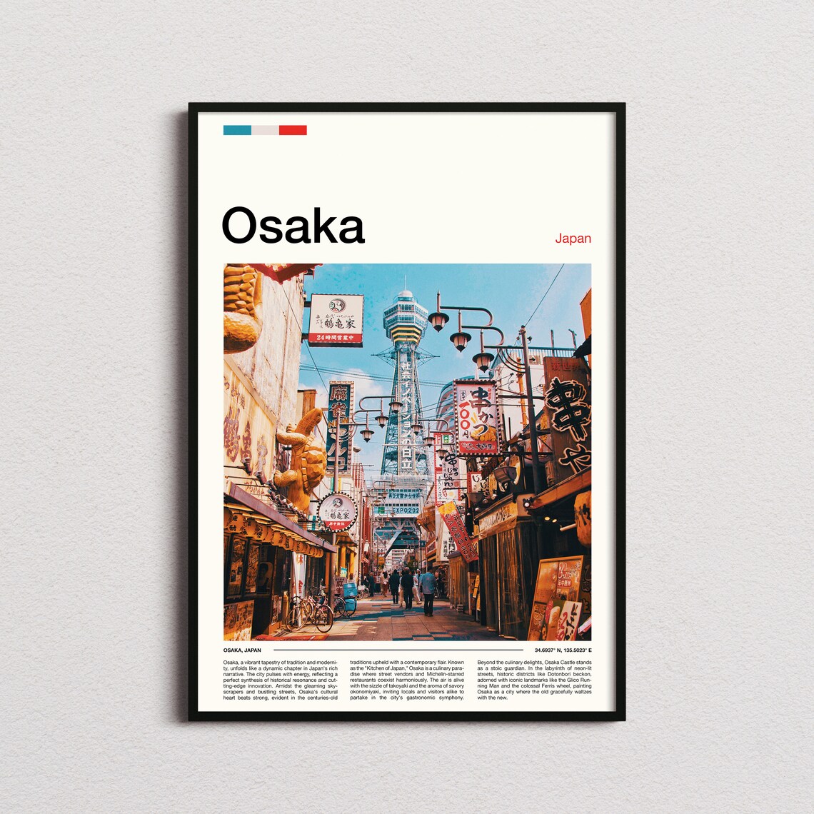 Osaka Japan Tsutenkaku Tower Neon Street Scene Travel Photo Poster