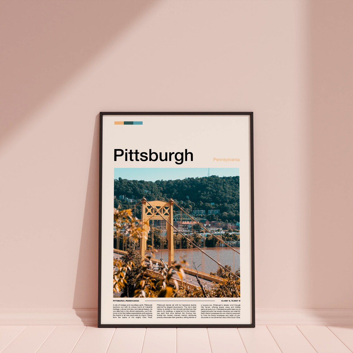 Pittsburgh Pennsylvania Yellow Bridge River Skyline City Photo Poster - Image 3
