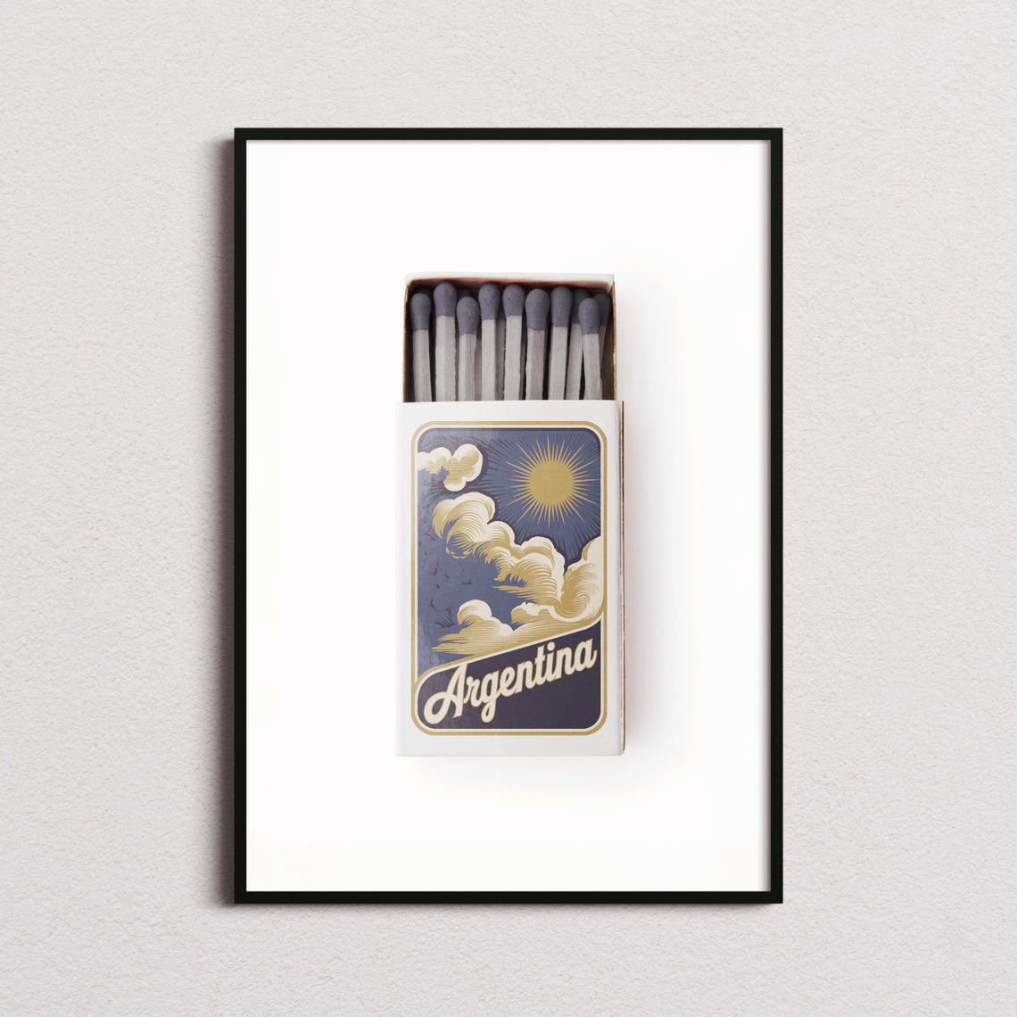 Argentina May Sun Matchbox Style Art with Golden Clouds Poster